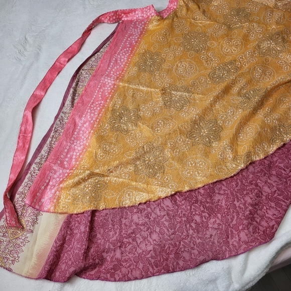 Silk Pink Floral Wrap Skirt With Ties - Picture 5 of 12